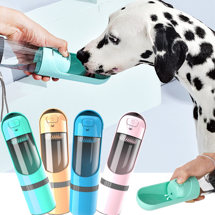 Portable 2-in-1 dog water bottle & food dispenser. Essential for pet travel.