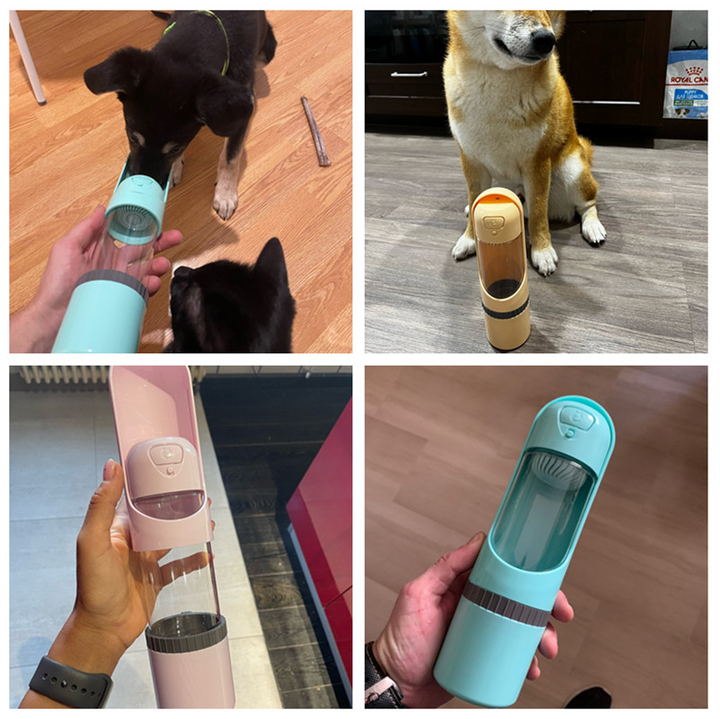 Leak-proof dog travel bottle with separate compartments for water & food. BPA-free.