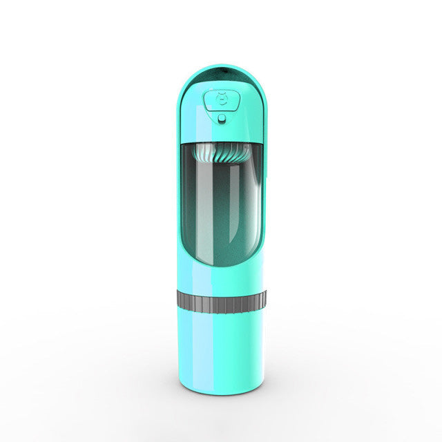 Close-up of 2-in-1 dog bottle showing separate water reservoir & food container.