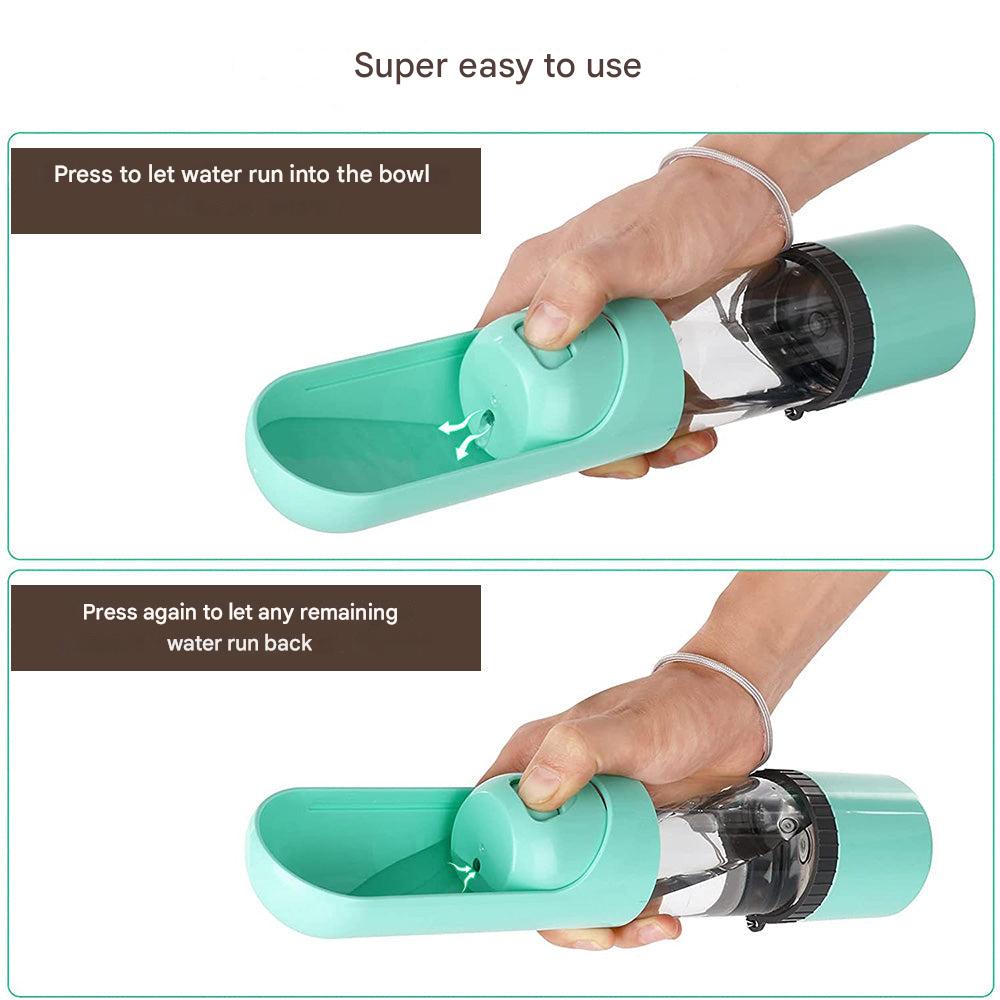 Compact pet travel bottle, a dog water bottle & food dispenser in one sleek design.