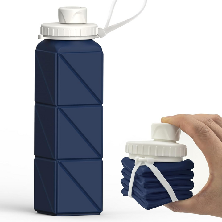Portable 20 oz collapsible silicone water bottle, leak-proof, ideal for travel & gym.