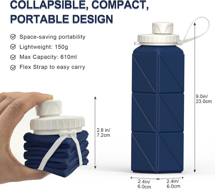 Collapsible 20 oz silicone water bottle in blue, offering leak-proof & portable hydration.