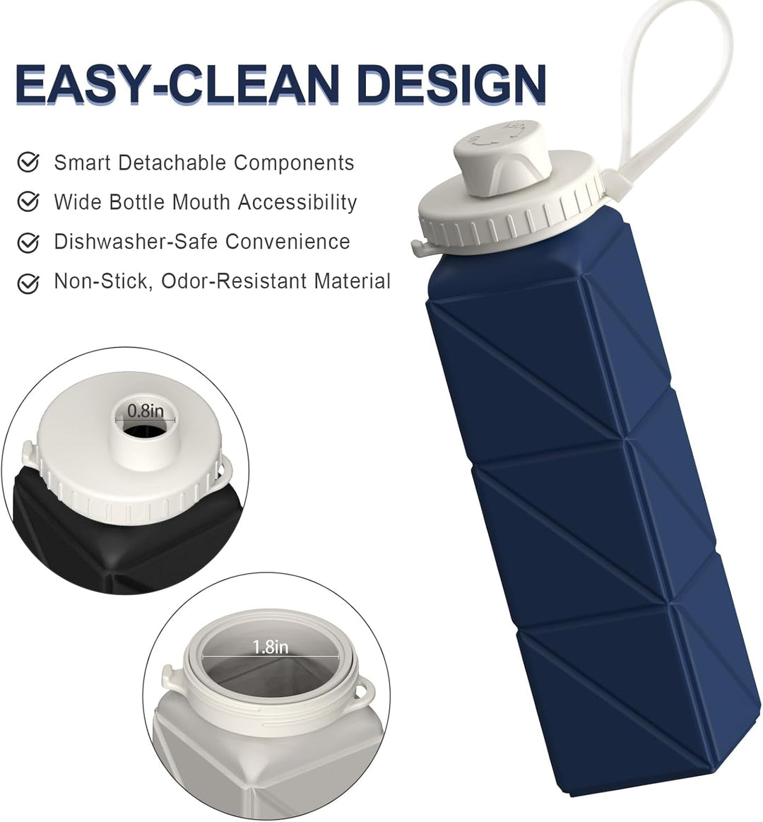 Portable 20 oz collapsible silicone water bottle, designed for leak-proof, eco-friendly hydration.