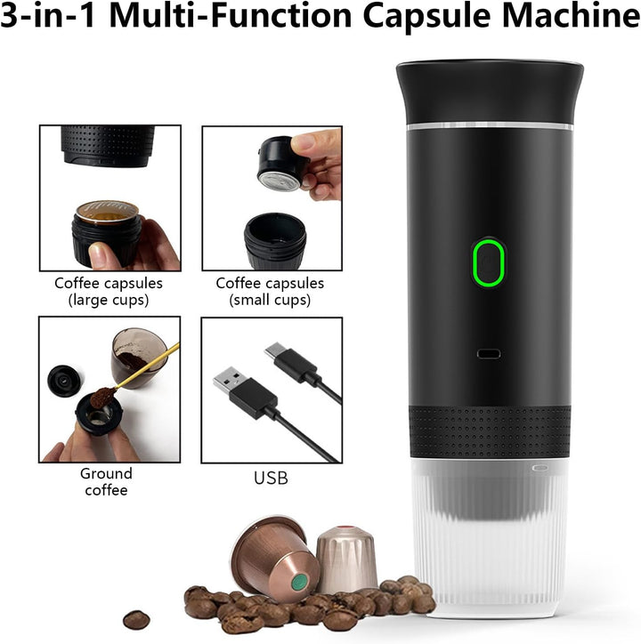 Mini portable coffee maker, battery-powered espresso, great for travel and adventures