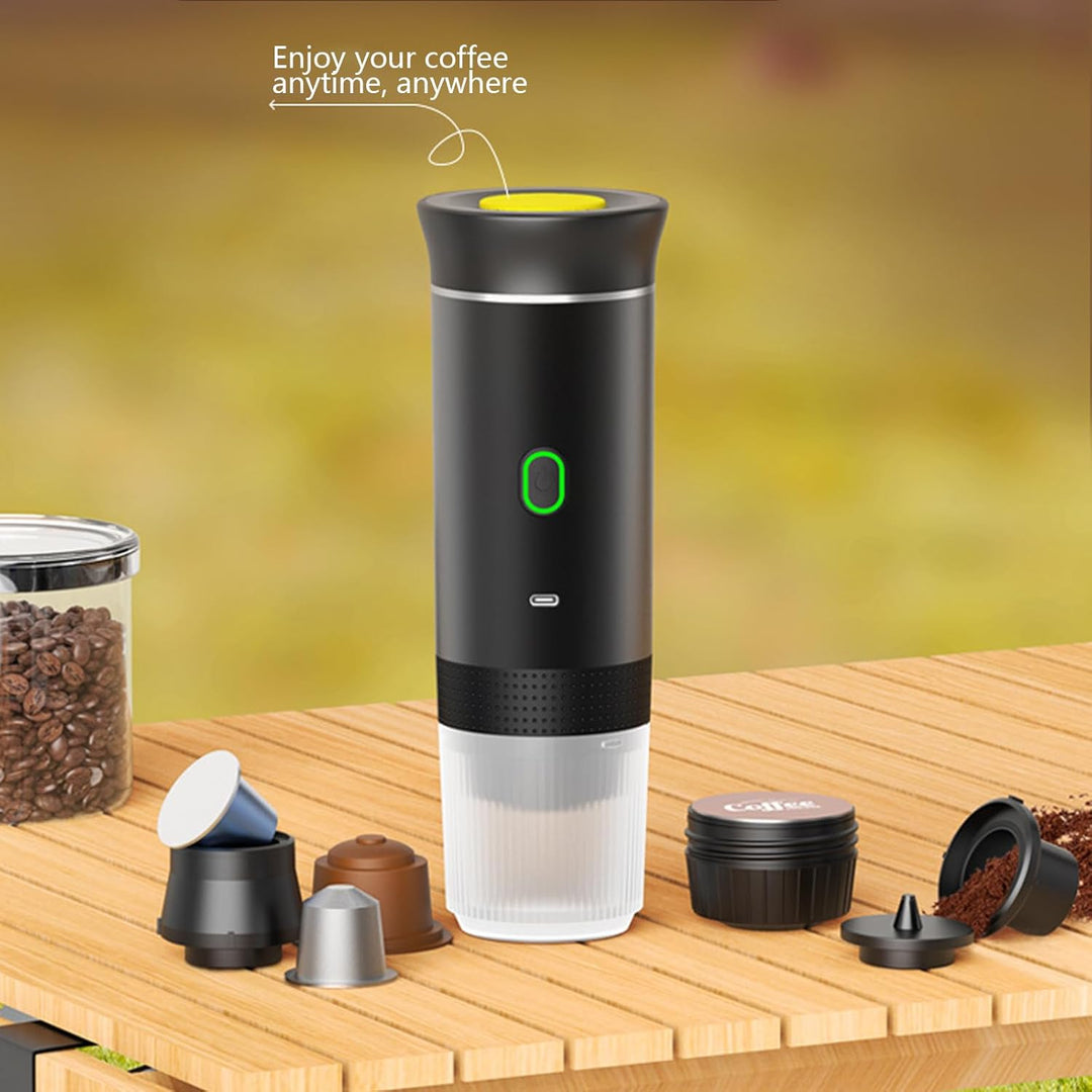 Sleek portable coffee maker, rechargeable for espresso, fits easily in your travel bag