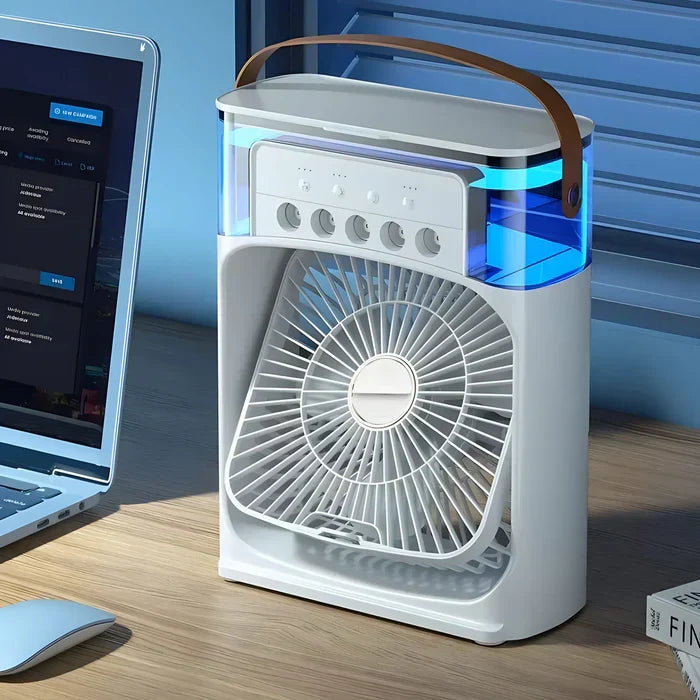 Portable 3-in-1 personal air cooler with fan, humidifier, and 7-color LED light. Perfect for desk or bedroom.