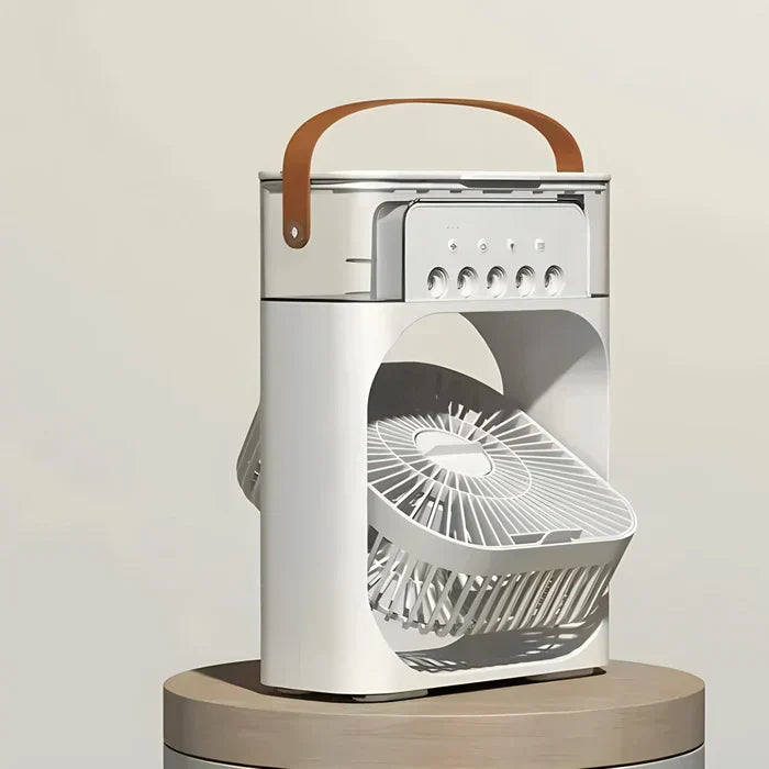 Compact USB-powered mini AC unit, cooling fan, & humidifier. BreezeMaster Pro with ambient LED for home/office.