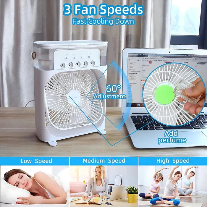 Personal portable air cooler & humidifier with 7-color LED light. Ideal for summer relief in your home office or bedroom.