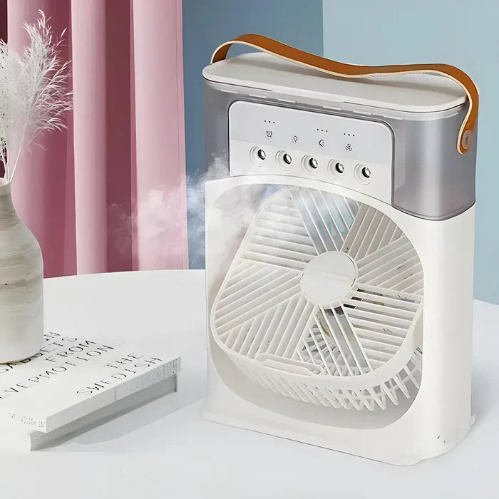 USB-powered portable cooling fan and humidifier with adjustable 7-color LED light, perfect for any desk or room.