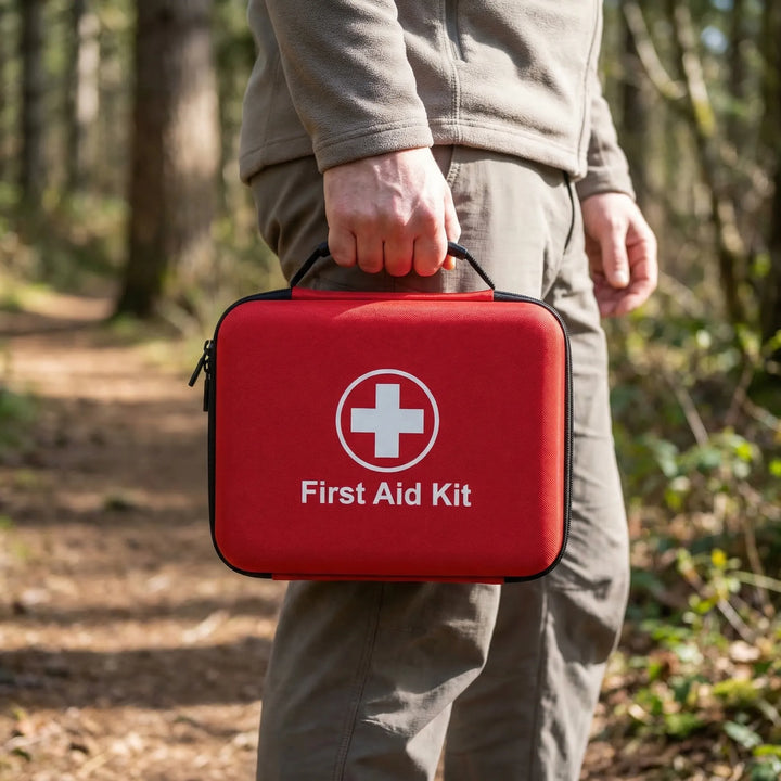 Portable 38-piece first aid kit for home, travel, and outdoor emergencies. Compact and essential wound care.