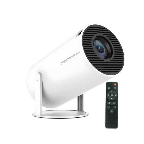 Portable 4K home theater projector with remote for immersive cinema experience.