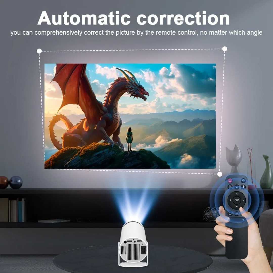 Sleek 4K portable home theater projector with remote for easy setup & stunning visuals.