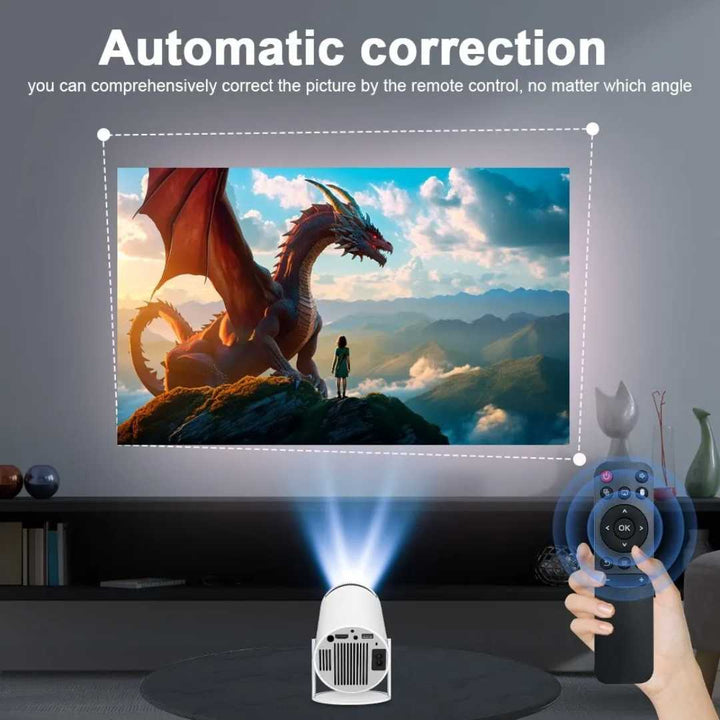 Sleek 4K portable home theater projector with remote for easy setup & stunning visuals.