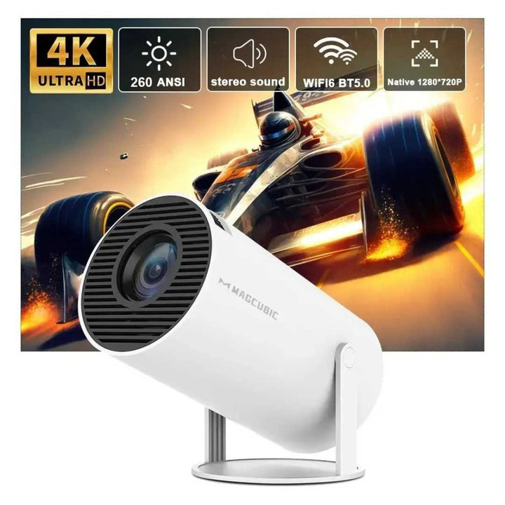 Android 4K portable projector with WiFi, turning any space into a smart cinema.