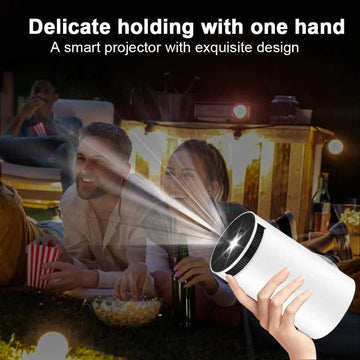Compact 4K projector for home or outdoor use, includes remote for easy control.