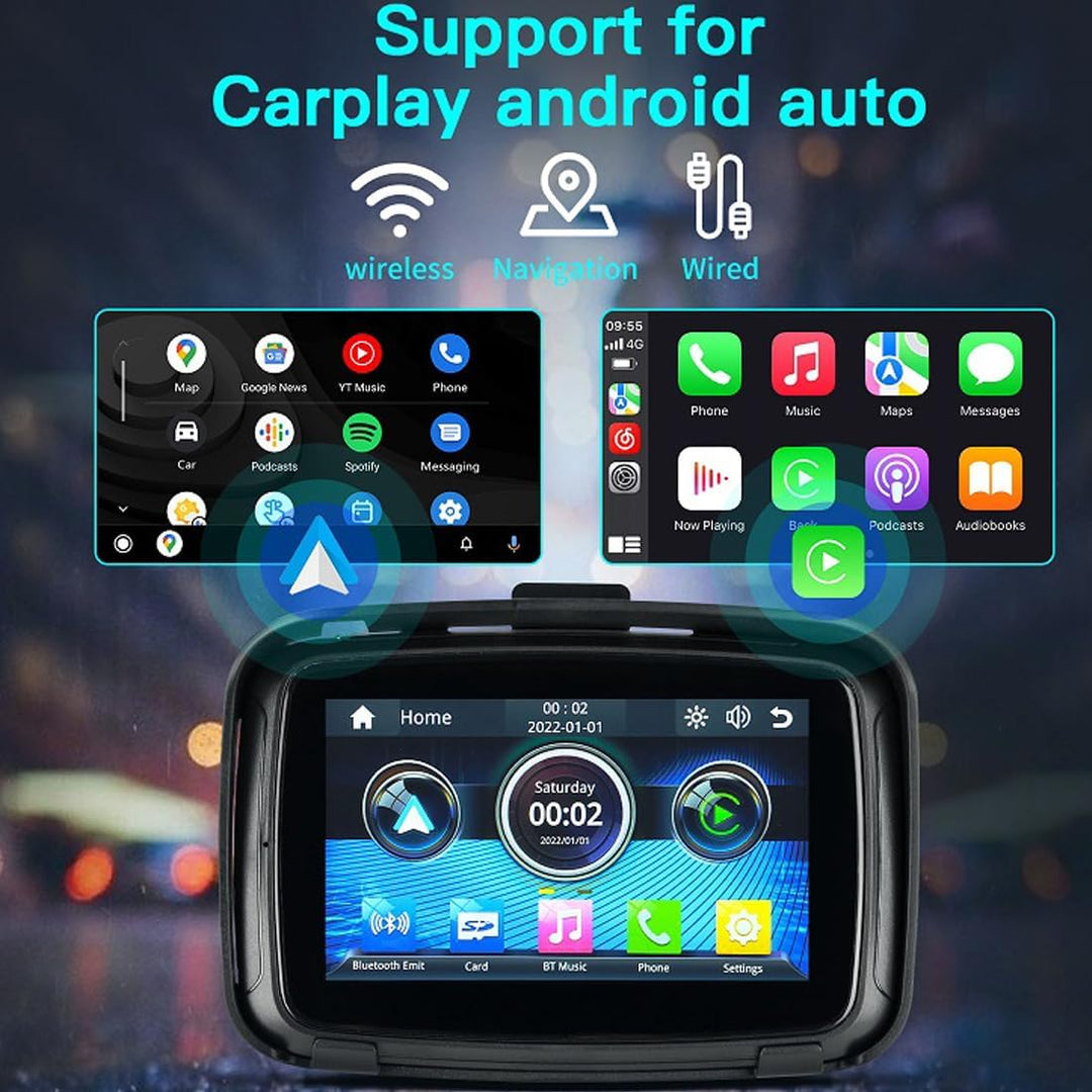 RideMate motorcycle monitor, waterproof with IPS screen, displaying GPS navigation