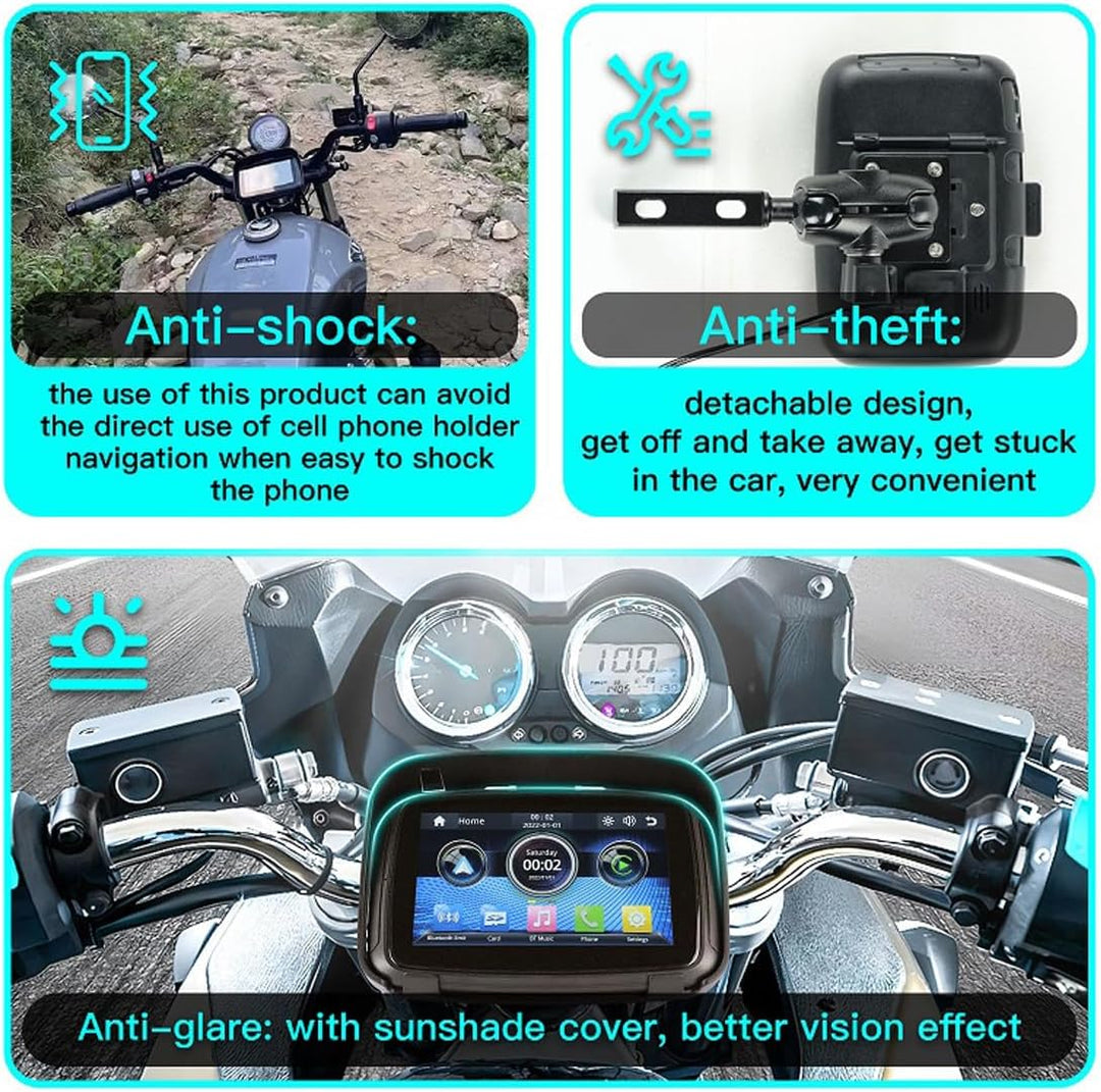 RideMate portable motorcycle monitor enhancing ride with CarPlay and Android Auto navigation