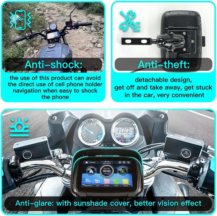 RideMate portable motorcycle monitor enhancing ride with CarPlay and Android Auto navigation