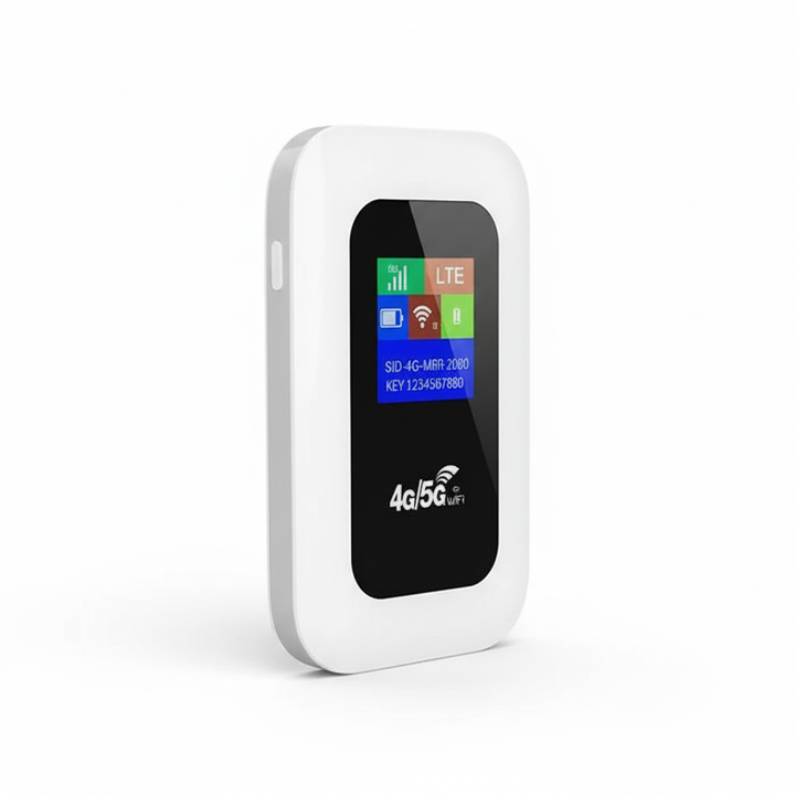 Portable 5G Wi-Fi router for secure, high-speed mobile internet during travel. Compact design with LED display.