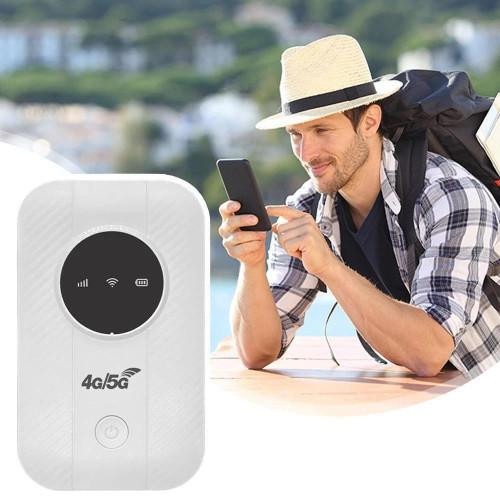 Mobile WiFi hotspot device, enabling fast 5G internet for multiple users during travel or remote work.