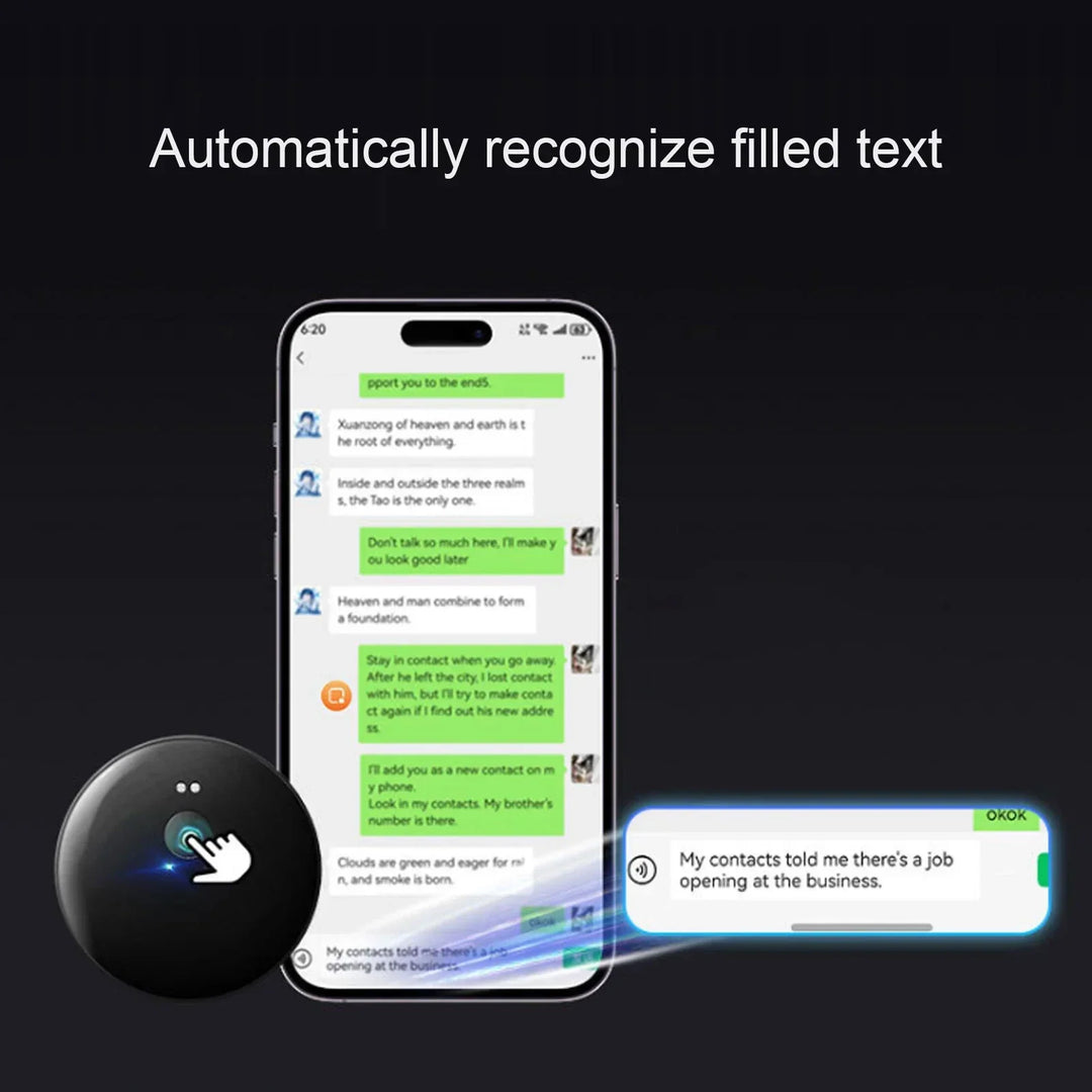 Close-up of portable AI language device screen showing real-time text translation of foreign phrases