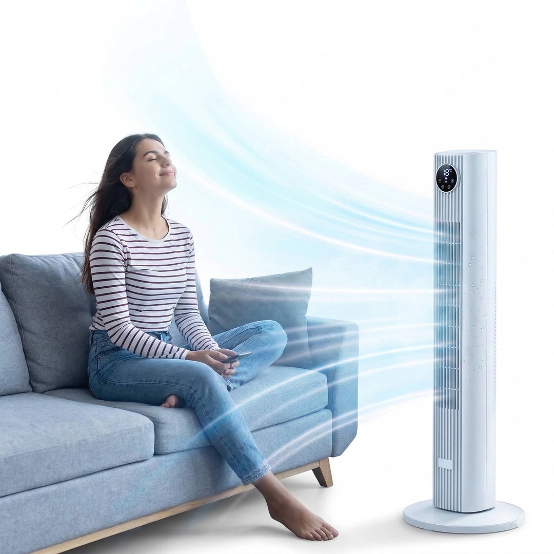Quiet Portable Air Cooler Fan with remote control. Ideal personal AC for bedroom, office, or apartment cooling.