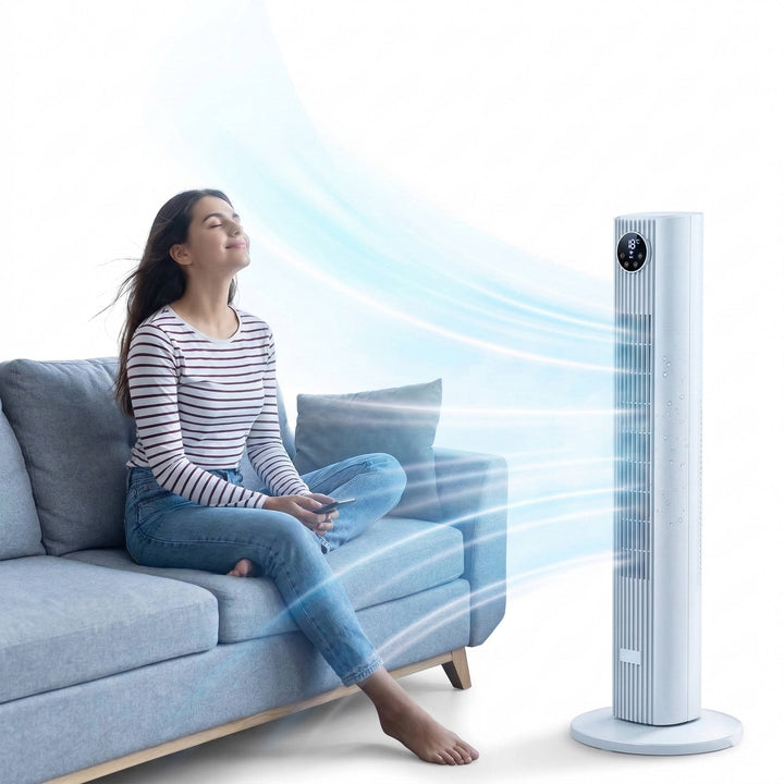 Quiet Portable Air Cooler Fan with remote control. Ideal personal AC for bedroom, office, or apartment cooling.