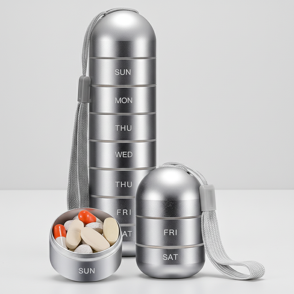 Sleek silver aluminum pill container, portable and waterproof, a must-have health accessory