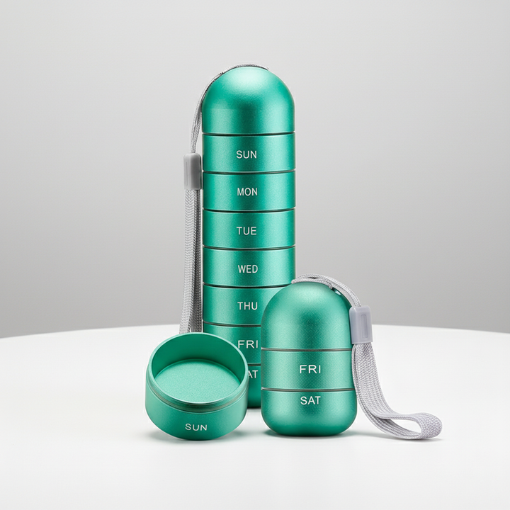 Hand holding a portable aluminum pill organizer, showcasing its compact size for travel