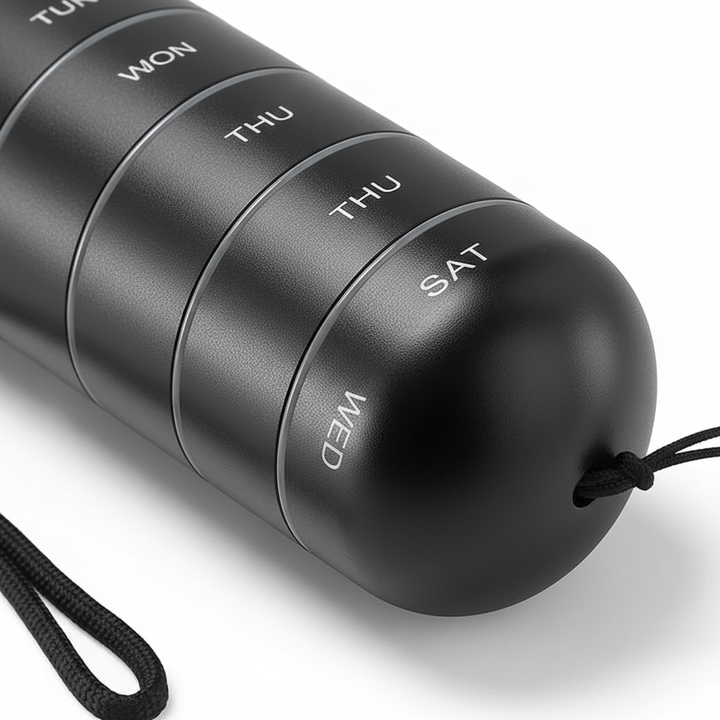Durable aluminum pillbox, a portable daily medication organizer for travel & everyday use.
