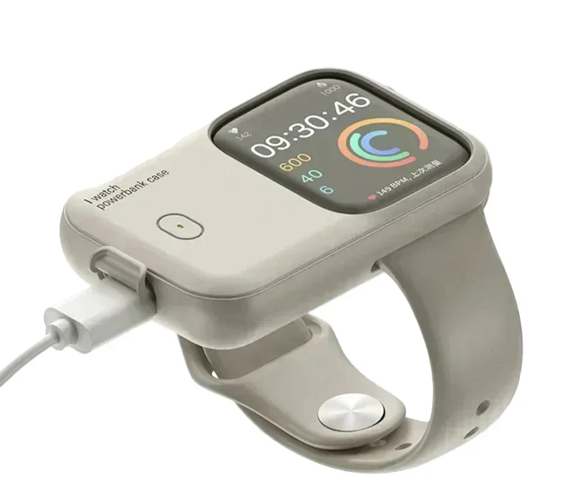 Portable Apple Watch wireless charger, 1200mAh, shown charging a smartwatch on a white background.