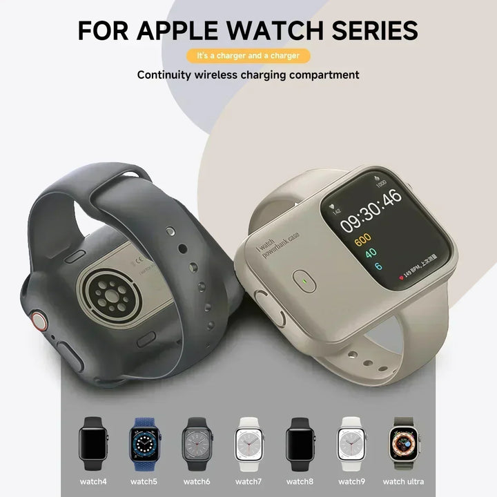 Hands holding a 1200mAh portable wireless Apple Watch charger, highlighting its compact size and design.