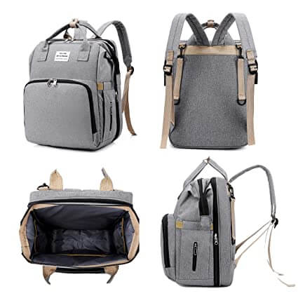 Versatile baby care travel backpack with insulated bottle pockets, convertible to a portable bed.