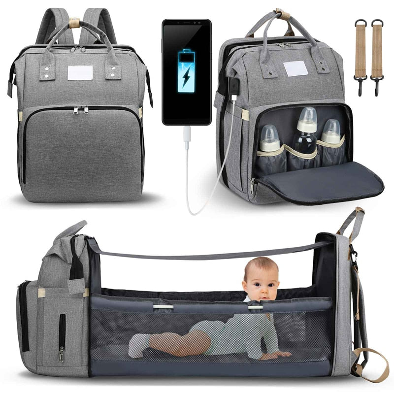 Baby backpack transforming into a comfortable portable bed, offering a changing station for infants.