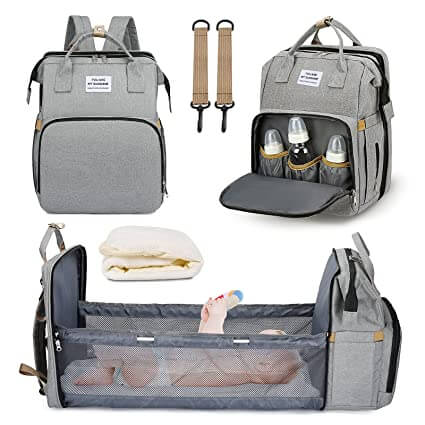 Parents' essential: Multi-function baby travel backpack with portable bed and ample storage compartments.