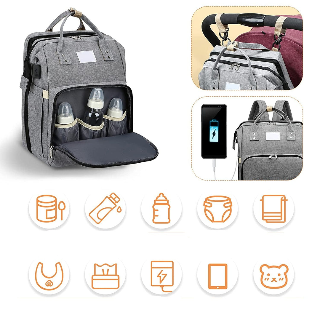 Close-up of the waterproof fabric on the multi-function baby travel backpack and changing bed.