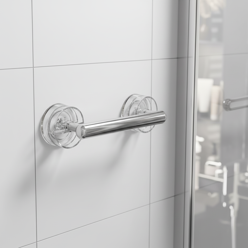 Portable bathroom safety suction handle for shower support. Anti-slip grab bar for senior home safety.