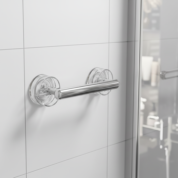Portable bathroom safety suction handle for shower support. Anti-slip grab bar for senior home safety.