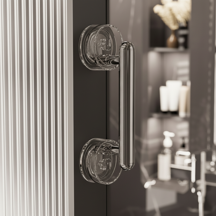 Close-up of a white portable bathroom safety suction handle, providing secure grab bar support.