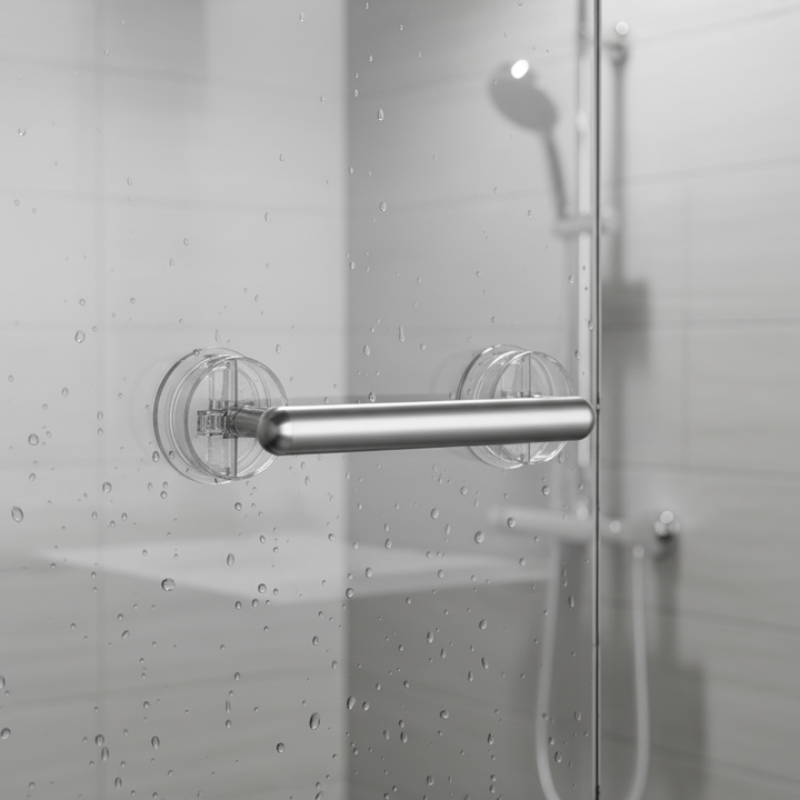 Elderly hand demonstrating use of a portable bathroom safety suction handle for shower stability.