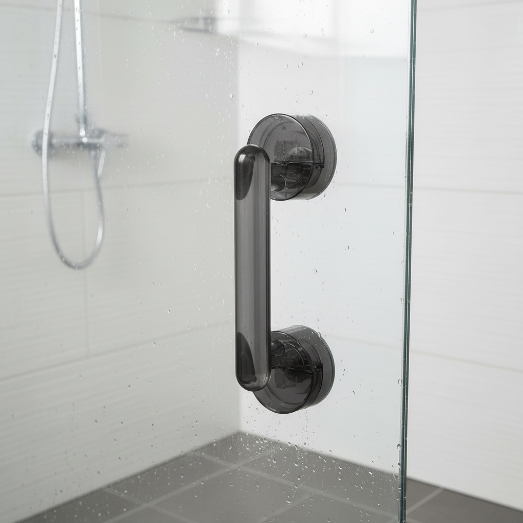 Two portable bathroom safety suction handles installed on a tiled wall, ideal for senior care.