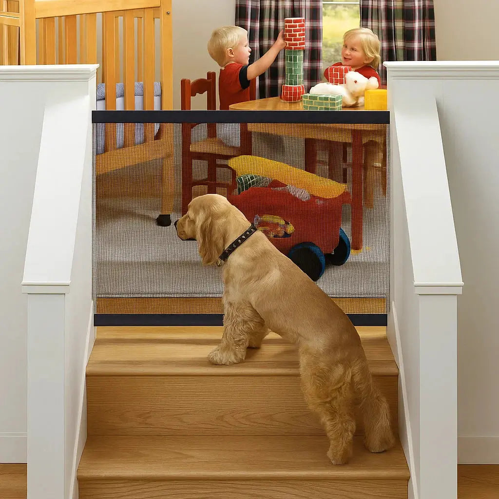 Portable black pet safety gate for doorways and stairs; flexible, easy to install dog and cat barrier.