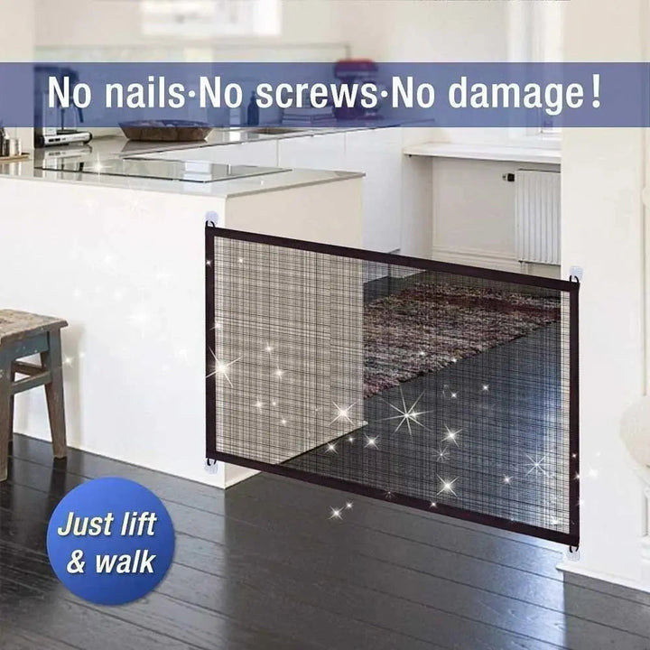 Durable black pet enclosure; a portable safety gate keeping small dogs & cats secure in any doorway or stairwell.