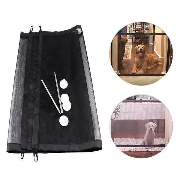 Essential home safety dog gate; a flexible barrier to secure pets in stairways and doorways, preventing access.