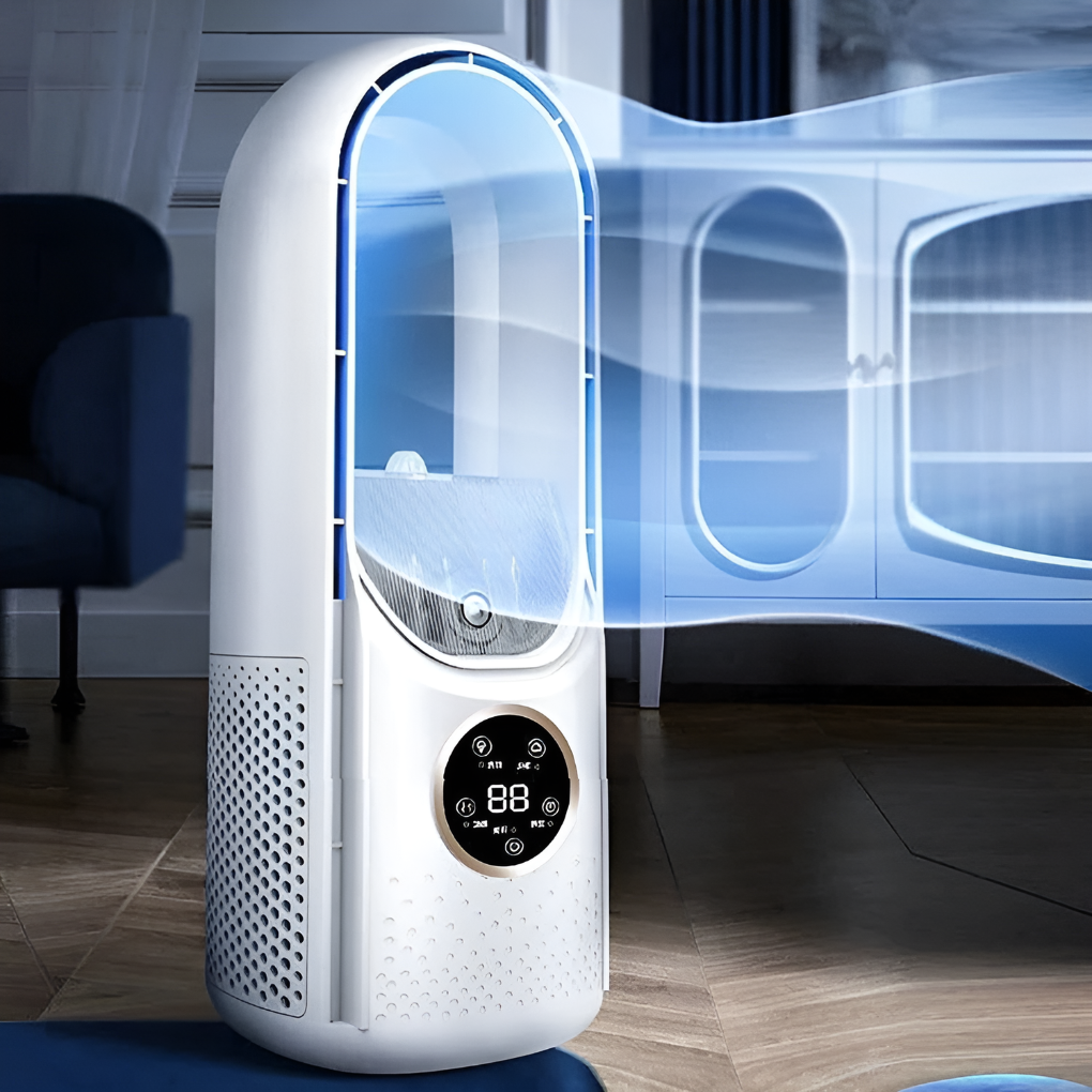 Portable bladeless air cooler fan, perfect for desk or home, providing quiet personal cooling.