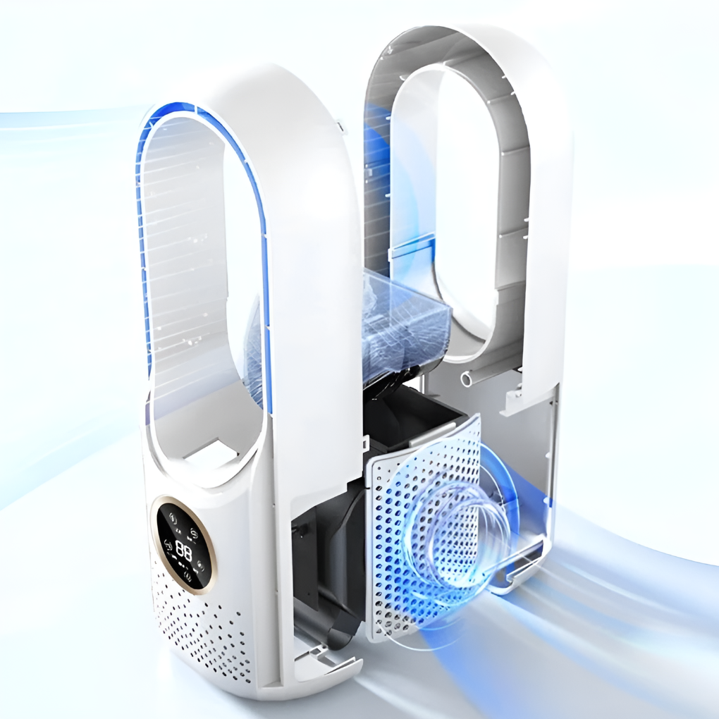 Quiet bladeless personal air cooler, a modern portable fan for efficient cooling anywhere.
