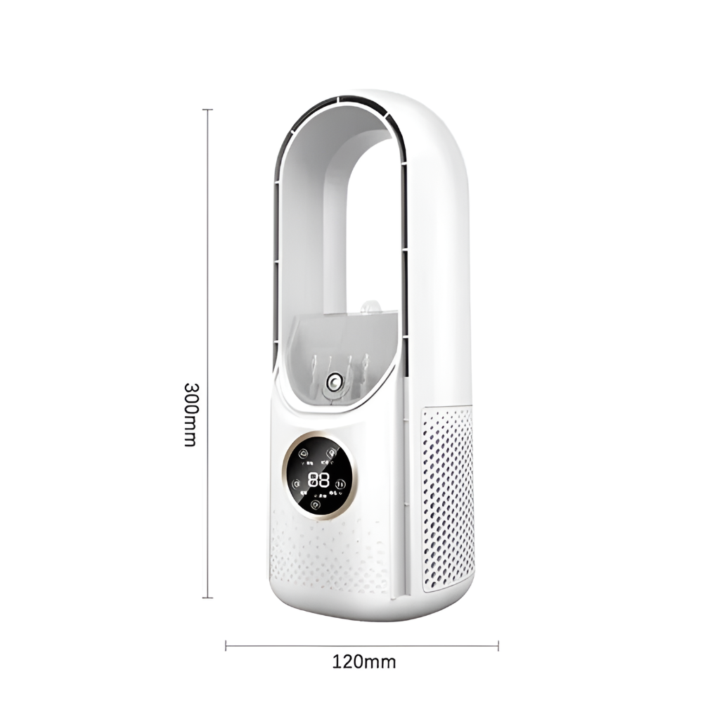 Compact blue portable bladeless air cooler fan, great for personal desk cooling and home use.
