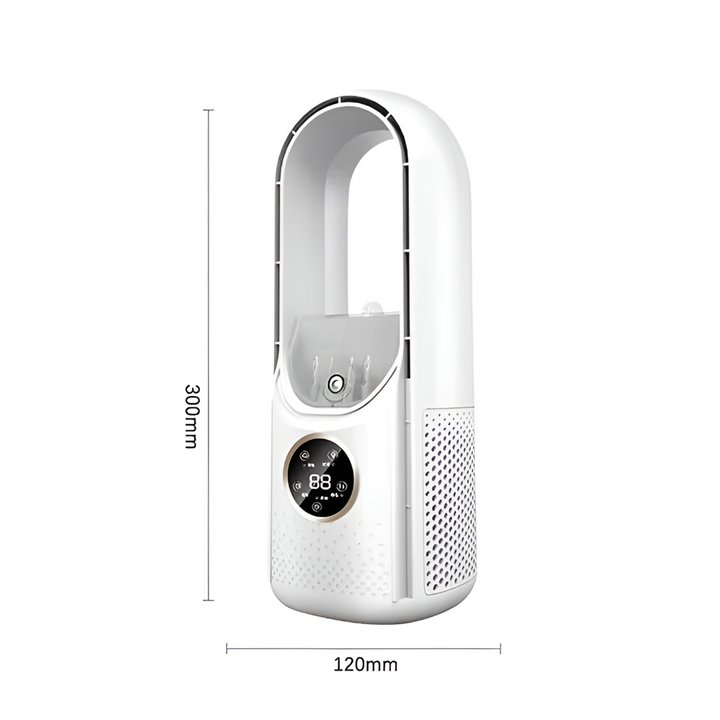 Compact blue portable bladeless air cooler fan, great for personal desk cooling and home use.
