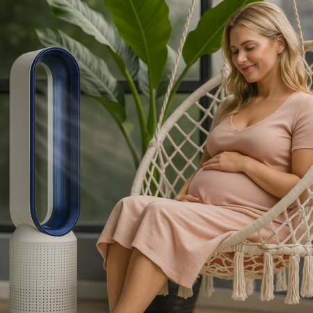 Portable bladeless air purifier fan with remote control. Modern design, quiet operation for home comfort.