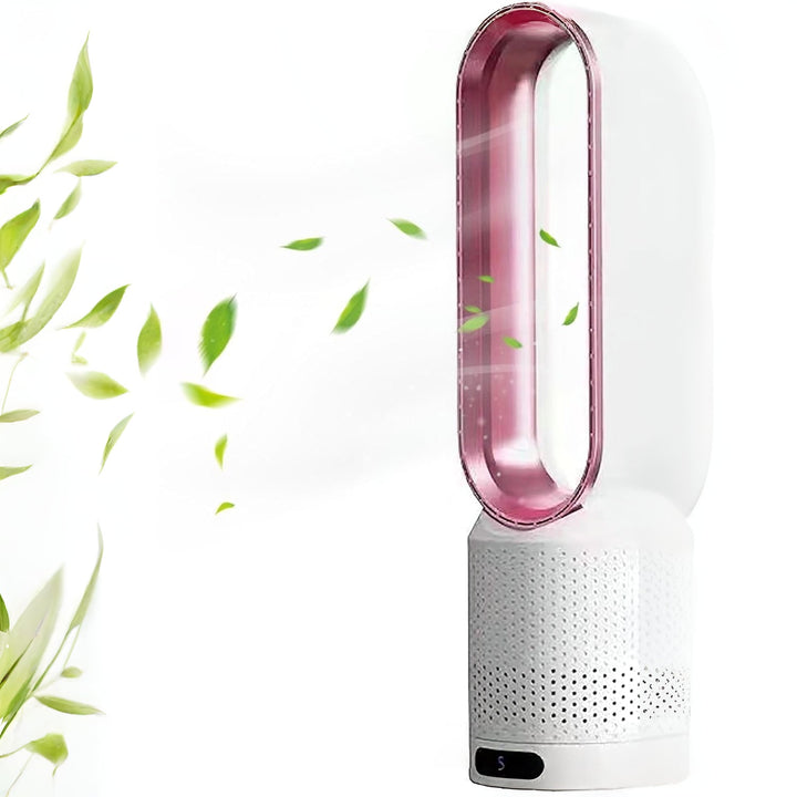 Sleek white bladeless fan & air purifier with remote. Safe design, powerful cooling & clean air for any room.
